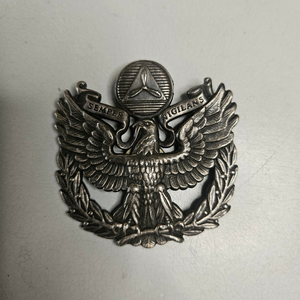 Vintage Civil Air Patrol Semper Vigilans Eagle‎ Hat Badge Silver Tone Insignia